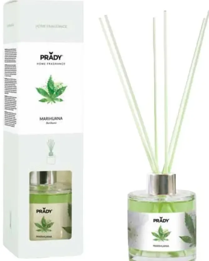 PRADY AMBIENTADOR PREMIUM MARIHUANA - FRASCO DE CRISTAL 130ML Y VARITAS DIFUSORAS