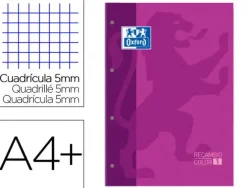 RECAMBIO COLOR 1 OXFORD DIN A4+ 80 HOJAS 90 GR CUADRO 5 MM 4 TALADROS COLOR MORADO