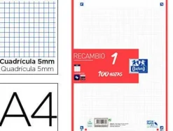 RECAMBIO COLOR OXFORD DIN A4 100 HOJAS 90 GR CUADRO 5 MM 4 TALADROS ROJO
