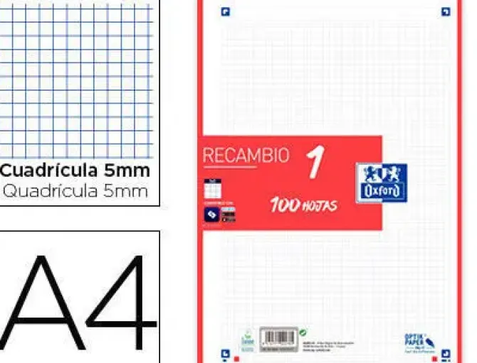 RECAMBIO COLOR OXFORD DIN A4 100 HOJAS 90 GR CUADRO 5 MM 4 TALADROS ROJO