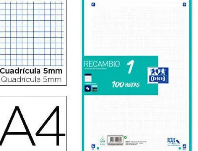 RECAMBIO COLOR OXFORD DIN A4 100 HOJAS 90 GR CUADRO 5 MM 4 TALADROS LIMA