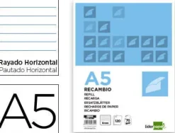 RECAMBIO LIDERPAPEL A5 120 HOJAS 80G/M2 HORIZONTAL SIN MARGEN 6 TALADROS BANDAS DE 5 COLORES