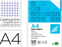 RECAMBIO LIDERPAPEL A4 120 HOJAS 80G/M2 CUADRO 5MM SIN MARGEN 4 TALADROS BANDAS DE 5 COLORES