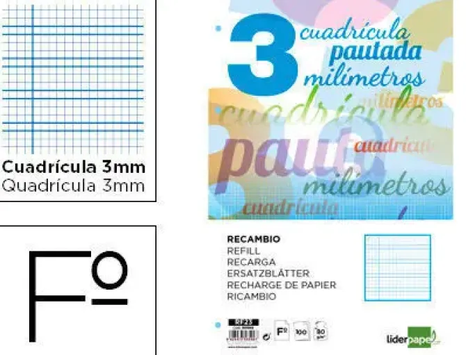 RECAMBIO LIDERPAPEL A4 PAUTAGUIA 100 HOJAS 75 G CUADRICULADO PAUTADO 3 MM CON MARGEN 4 TALADROS