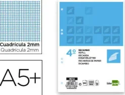 RECAMBIO LIDERPAPEL CUARTO 100 HOJAS 60G/M2 MILIMETRADO SIN MARGEN 6 TALADROS
