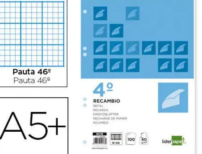RECAMBIO LIDERPAPEL CUARTO 100 HOJAS 60G/M2 RAYADO Nº 46 6 TALADROS
