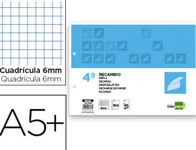 RECAMBIO LIDERPAPEL CUARTO APAISADO 100 H 2TCA-07 CUADRO 6 MM 2 TALADROS CON MARGEN