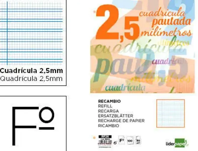 RECAMBIO LIDERPAPEL FOLIO PAUTAGUIA 100 HOJAS 75 G CUADRICULADO PAUTADO 2,5 MM CON MARGEN 4 TALADROS