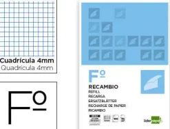 RECAMBIO LIDERPAPEL FOLIO 100 HOJAS 60G/M2CUADRO 4MM CON MARGEN SIN TALADROS