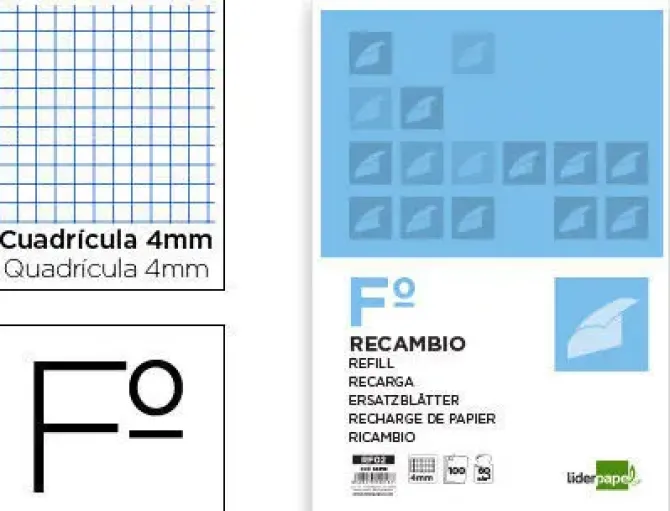 RECAMBIO LIDERPAPEL FOLIO 100 HOJAS 60G/M2CUADRO 4MM CON MARGEN SIN TALADROS