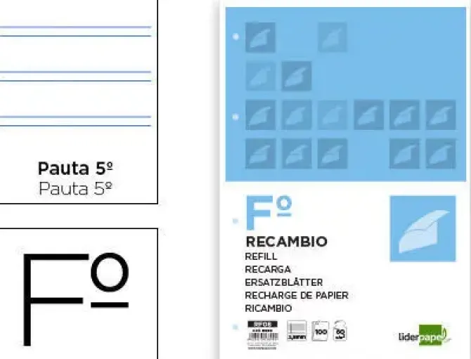 RECAMBIO LIDERPAPEL FOLIO 100 HOJAS 60G/M2PAUTA 5ª 2.5MM CON MARGEN 4 TALADROS