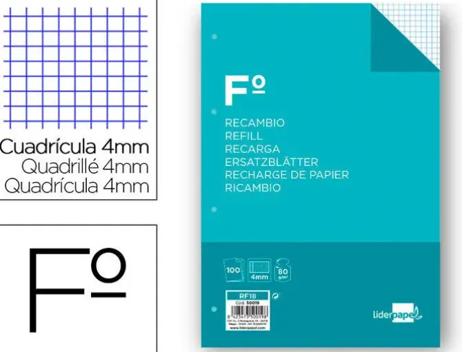 RECAMBIO LIDERPAPEL FOLIO 100 HOJAS 75G/M2 CUADRO 4MM CON MARGEN 4 TALADROS