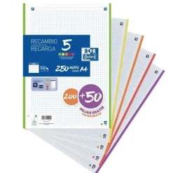 RECAMBIO OXFORD DIN A4 200 + 50 HOJAS GRATIS CUADRO 5 MM 400150900