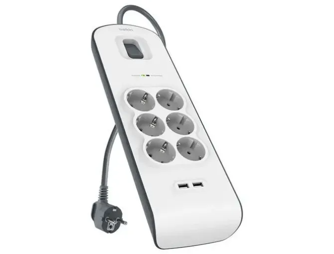 REGLETA BELKIN BSV604VF2M DE PROTECCION CONTRA SOBRETENSIONES 6 TOMAS + 2 PUERTOS USB (2,4 A) BOTON DE