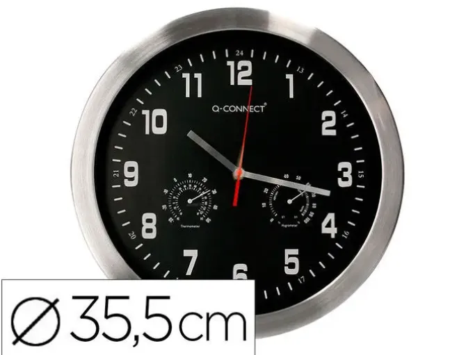 RELOJ Q-CONNECT DE PARED METALICO REDONDO 35,5 CM MOVIMIENTO SILENCIOSO COLOR CROMADO CON ESFERA NEGRA