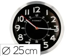 RELOJ Q-CONNECT DE PARED METALICO REDONDO 25 CM MOVIMIENTO SILENCIOSO COLOR CROMADO CON ESFERA NEGRA