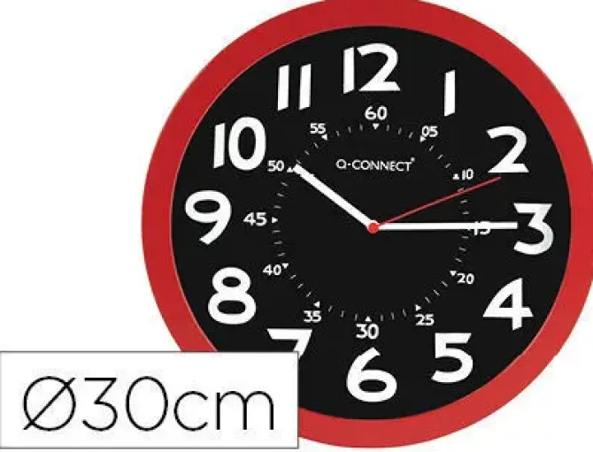 RELOJ Q-CONNECT DE PARED PLASTICO OFICINA REDONDO 30 CM COLOR ROJO Y ESFERA COLOR NEGRO