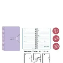 SENFORT AGENDA ANUAL (2025) MINI ESPIRAL TAPA PP CON GOMA 90X135 S/V LILA PASTEL