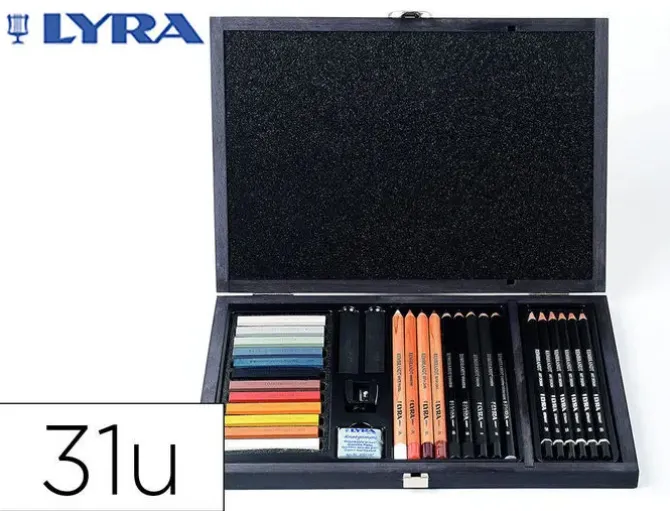 SET DIBUJO LYRA ESTUCHE DE MADERA CON 31 PIEZAS SURTIDAS