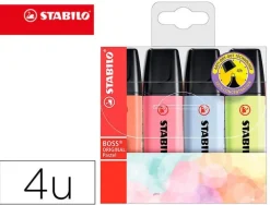 STABILO BOSS 70 PASTEL PACK DE 4 MARCADORES FLUORESCENTES - TRAZO ENTRE 2 Y 5MM - RECARGABLE - TINTA CON BASE DE AGUA - COLORES SURTIDOS