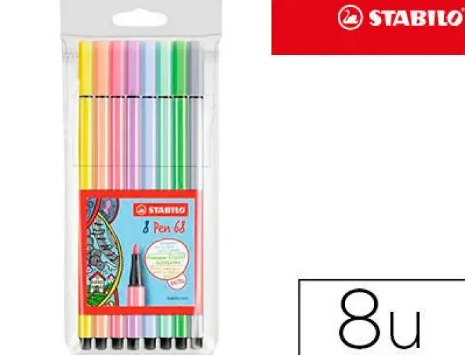 STABILO PEN 68 PACK DE 8 ROTULADORES ACUARELABLES - PUNTA DE FIBRA - TRAZO DE 1MM APROX. - TINTA A BASE DE AGUA - CAPUCHON VENTILADO - COLORES PASTEL SURTIDOS