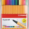 STABILO POINT 88 PACK DE 15 ROTULADORES DE PUNTA FINA DE FIBRA - TRAZO DE 0.4 MM - TINTA CON BASE DE AGUA - 10 COLORES SURTIDOS + 5 NEON