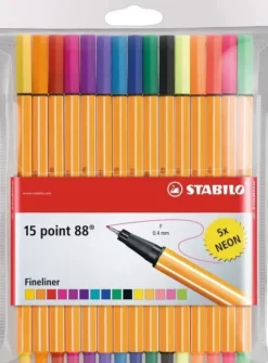 STABILO POINT 88 PACK DE 15 ROTULADORES DE PUNTA FINA DE FIBRA - TRAZO DE 0.4 MM - TINTA CON BASE DE AGUA - 10 COLORES SURTIDOS + 5 NEON