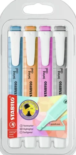 STABILO SWING COOL PASTEL PACK DE 4 MARCADORES FLUORESCENTES - CUERPO PLANO - PUNTA BISELADA - TRAZO ENTRE 1 Y 4MM - TINTA CON BASE DE AGUA - ANTISECADO - COLORES SURTIDOS