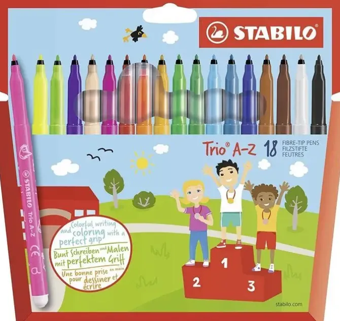 STABILO TRIO AZ PACK DE 18 ROTULADORES DE PUNTA FINA DE FIBRA - TRAZO 0.7MM - TINTA SUPER LAVABLE - FORMA TRIANGULAR - COLORES SURTIDOS