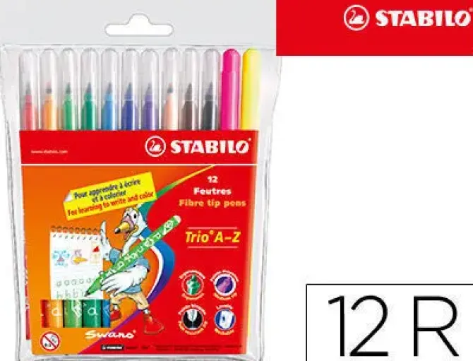 STABILO TRIO AZ PACK DE 12 ROTULADOR DE PUNTA FINA DE FIBRA - TRAZO 0.7MM - TINTA SUPER LAVABLE - FORMA TRIANGULAR - COLORES SURTIDOS