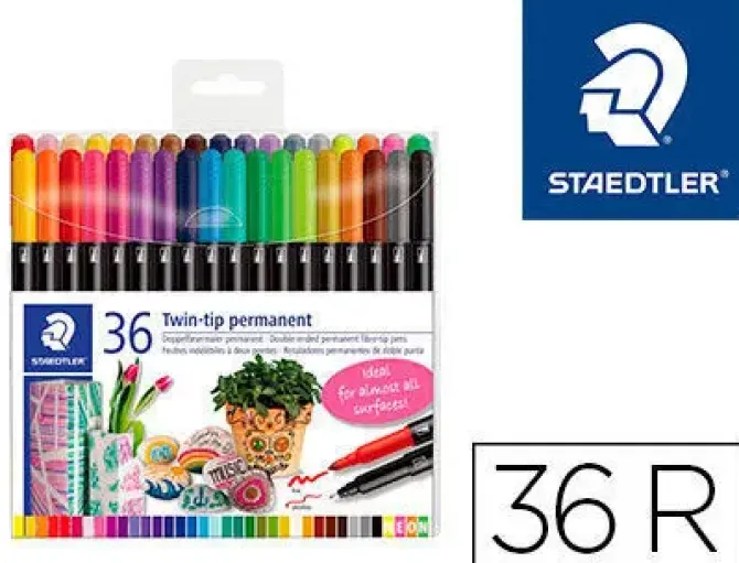 STAEDTLER 3187 PACK DE 36 ROTULADORES PERMANENTES DE DOBLE PUNTA - RESISTENTE AL AGUA - SECADO RAPIDO - COLORES SURTIDOS