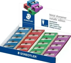 STAEDTLER EXPOSITOR DE 20 SACAPUNTAS METALICOS CON CUCHILLA DE METAL - ANGULO DE AFILADO DE 23° - 1 AGUJERO - COLORES SURTIDOS