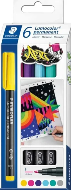 STAEDTLER LUMOCOLOR 318 C6 PACK DE 6 ROTULADORES PERMANENTES - TRAZO DE 0.6MM APROX - SECADO RAPIDO - COLORES SURTIDOS