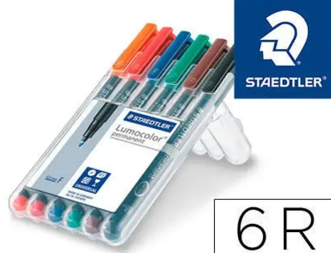 STAEDTLER LUMOCOLOR 318 PACK DE 6 ROTULADORES PERMANENTES - PUNTA FINA REDONDA - TRAZO 0.6MM - CAPUCHON CON CLIP - SECADO RAPIDO - COLORES SURTIDOS