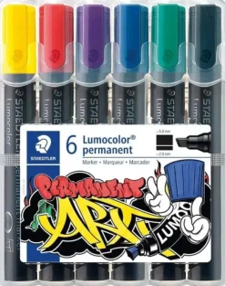 STAEDTLER LUMOCOLOR 350 PACK DE 6 ROTULADORES PERMANENTES - PUNTA BISELADA - COLORES SURTIDOS