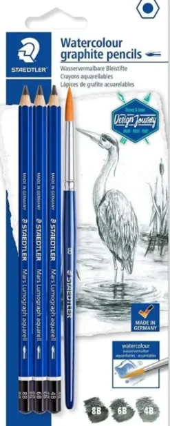 STAEDTLER MARS LUMOGRAPH AQUARELL 100A PACK DE 3 LAPICES DE GRAFITO + PINCEL - RESISTENCIA A LA ROTURA - GRADUACIONES SURTIDAS