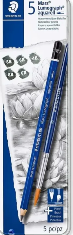 STAEDTLER MARS LUMOGRAPH AQUARELL 100A PACK DE 5 LAPICES DE GRAFITO + PINCEL - RESISTENCIA A LA ROTURA - GRADUACIONES SURTIDAS