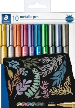 STAEDTLER METALLIC PEN PACK DE 10 ROTULADORES DE PUNTA FINA - TINTA BASE DE AGUA - TRAZO 1 - 2MM APROX - COLORES SURTIDOS