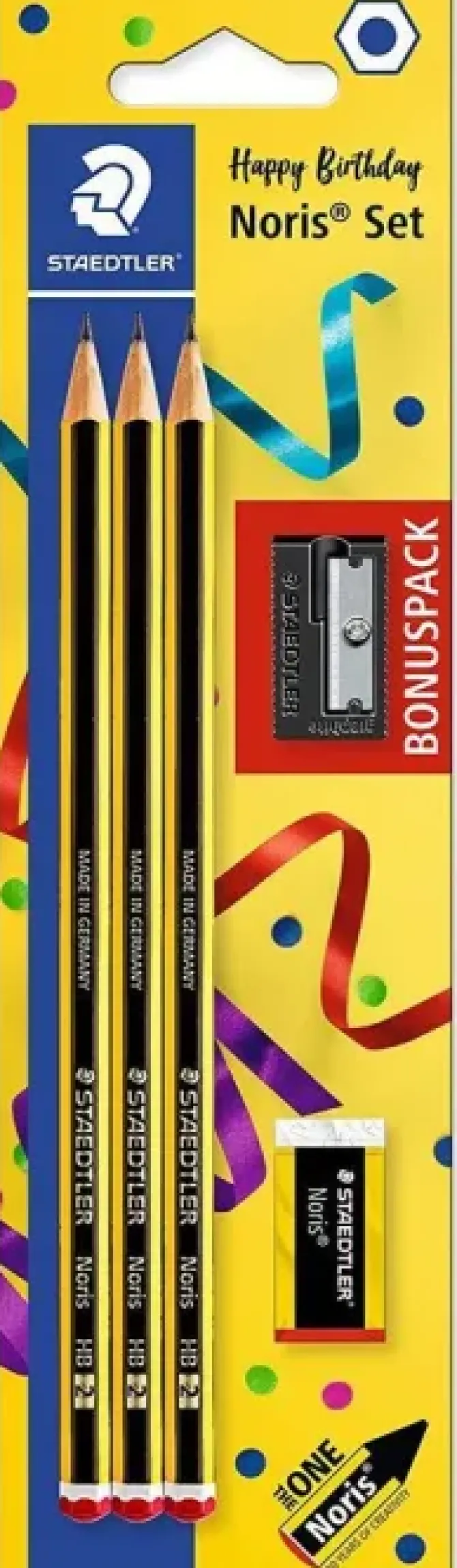 STAEDTLER NORIS 120 PACK DE 3 LAPICES DE GRAFITO HEXAGONALES + GOMA DE BORRAR + SACAPUNTAS - MINA HB ULTRARRESISTENTE DE 2MM - MADERA DE BOSQUES SOSTENIBLES