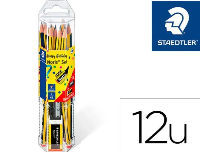 STAEDTLER NORIS 120 PACK DE 12 LAPICES DE GRAFITO HEXAGONALES + GOMA DE BORRAR - MINA HB ULTRARRESISTENTE DE 2MM - MADERA DE BOSQUES SOSTENIBLES