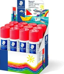 STAEDTLER NORIS EXPOSITOR DE 12 BARRAS DE PEGAMENTO 20GR - SIN DISOLVENTES - USO ESCOLAR - PEGA PAPEL, CARTULINA, TEJIDO ETC