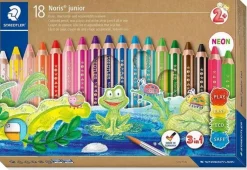 STAEDTLER NORIS JUNIOR PACK DE 18 LAPICES DE COLORES EXTRAGRUESOS + SACAPUNTAS - 3 EN 1, LAPIZ, CERA Y ACUARELABLE - COLORES SURTIDOS