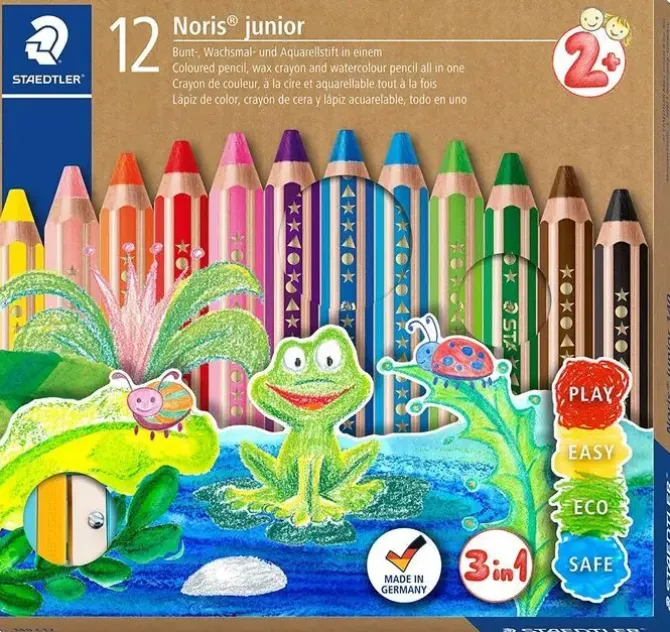STAEDTLER NORIS JUNIOR PACK DE 12 LAPICES DE COLORES EXTRAGRUESOS + SACAPUNTAS - 3 EN 1, LAPIZ, CERA Y ACUARELABLE - COLORES SURTIDOS