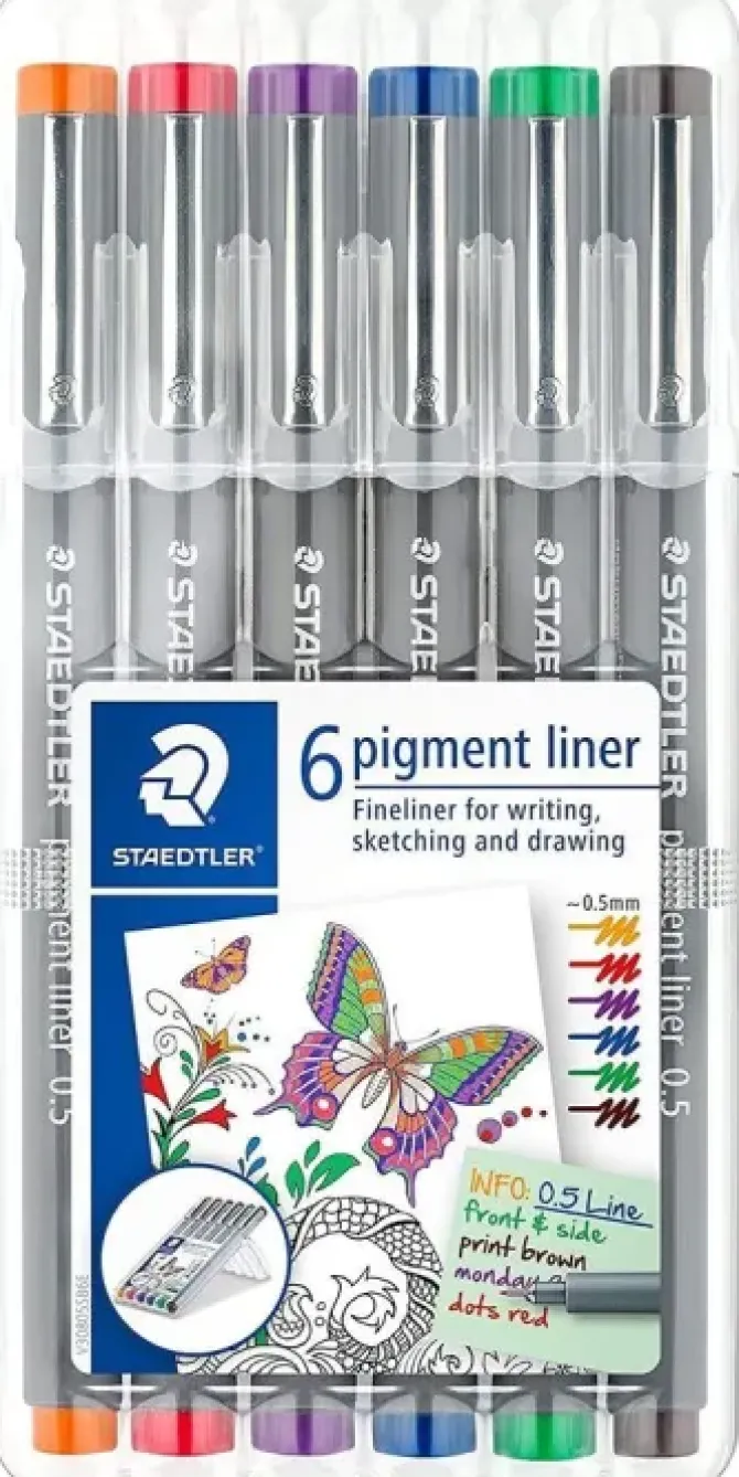 STAEDTLER PIGMENT LINER 308 PACK DE 6 ROTULADORES CALIBRADOS - TRAZO 0.5MM - SECADO RAPIDO - COLORES SURTIDOS