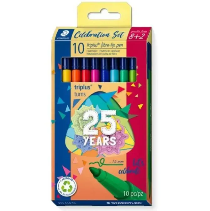 STAEDTLER TRIPLUS COLOR 323 PACK DE 10 ROTULADORES DE PUNTA FINA - TRAZO 1MM APROX - TINTA BASE DE AGUA - COLORES SURTIDOS
