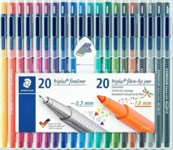 STAEDTLER TRIPLUS PACK DE 20 ROTULADORES DE PUNTA FINA 0.3MM + 20 ROTULADORES DE PUNTA FIBRA 1MM - CAPUCHON CON CLIP - COLORES SURTIDOS