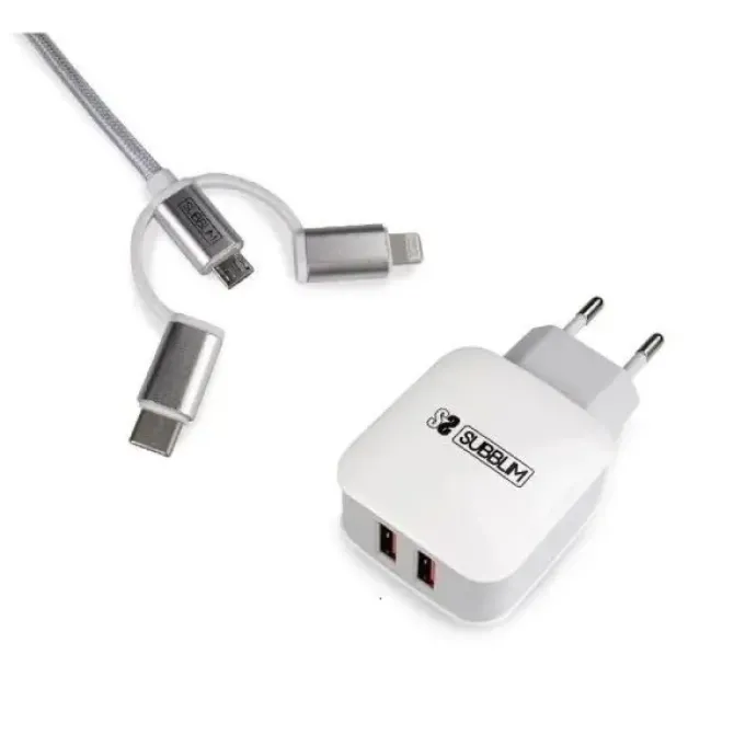 SUBBLIM CARGADOR DE PARED DUAL - 1M - EXTERIOR DE NYLON RESISTENTE Y FLEXIBLE - CONECTORES DE ALUMINIO - CARGA RÁPIDA Y SIMULTÁNEA DE DOS DISPOSITIVOS - COLOR BLANCO