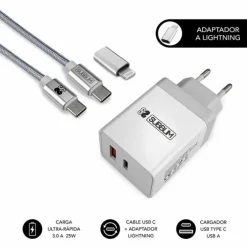 SUBBLIM CARGADOR DE PARED 25W - 2 PUERTOS (USB C + USB A) - CARGA ULTRA RÁPIDA - CABLE USB C DE ALTAS PRESTACIONES - EXTERIOR DE FIBRA DE NAILON - LONGITUD 1M - COLOR BLANCO