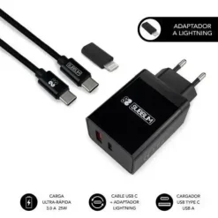 SUBBLIM CARGADOR DOMÉSTICO DE 2 PUERTOS - 25W - CARGA RÁPIDA PD 3.0/2.0/QUICK CHARGE 3.0 4.0 2.0 - CABLE USB C REVERSIBLE - COLOR NEGRO