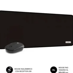 SUBBLIM PACK HARMONY ALFOMBRILLA DE ESCRITORIO 800X300X2MM, BORDES REFORZADOS, BASE ANTIDESLIZANTE + RATON INALAMBRICO 1200DPI, 3 BOTONES - COLOR NEGRO